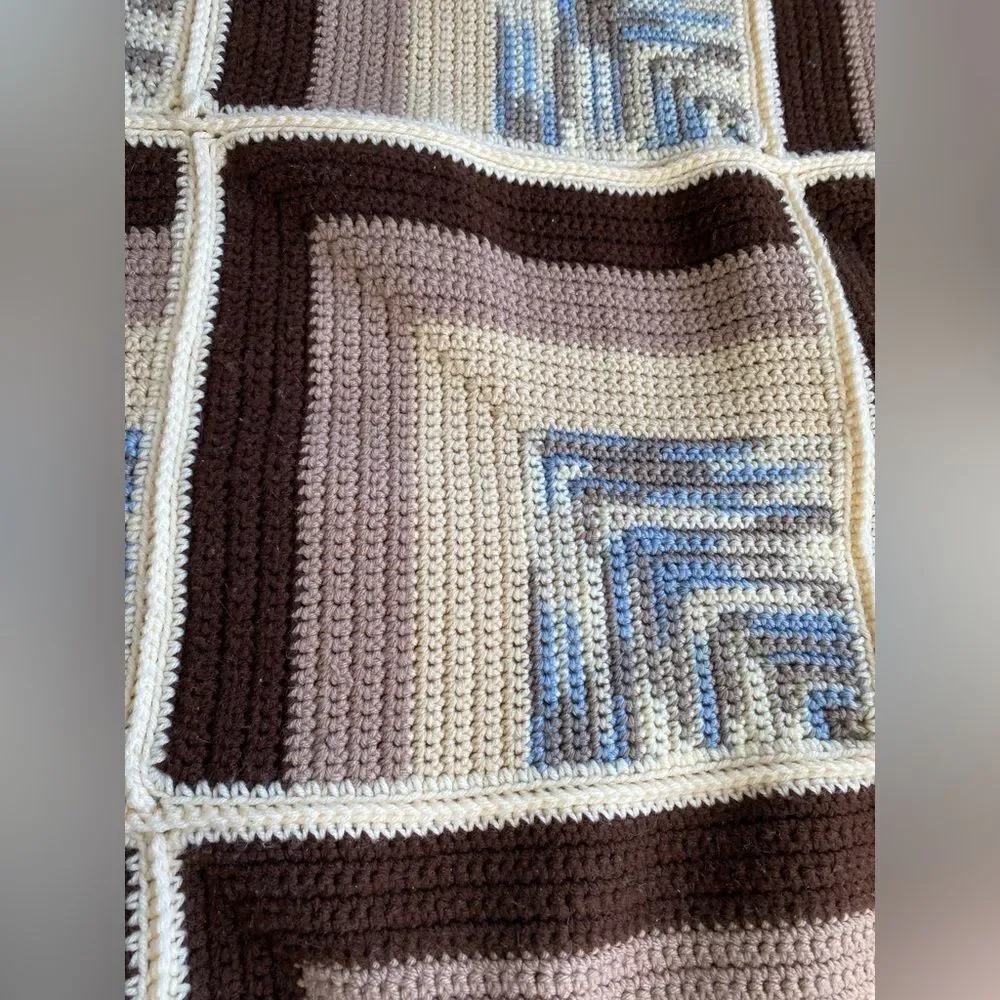 Vintage 1970s Knitted Geometric Bed Throw Blanket